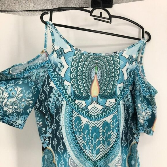 NWT teal blue cold  shoulder peacock print dress small - Picture 2 of 16